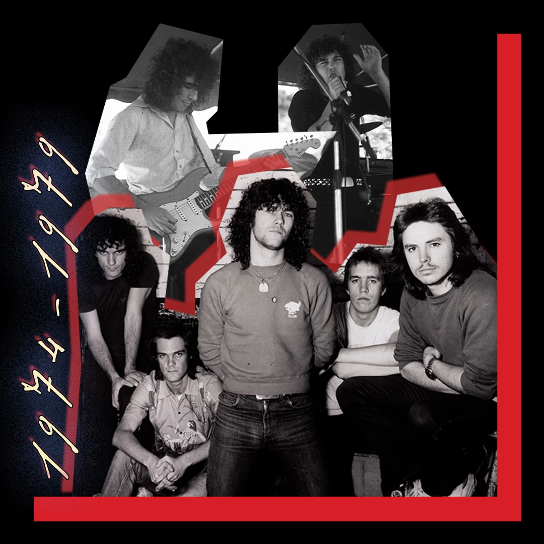 Various black and white images of Cold Chisel in the 1970s with a red frame