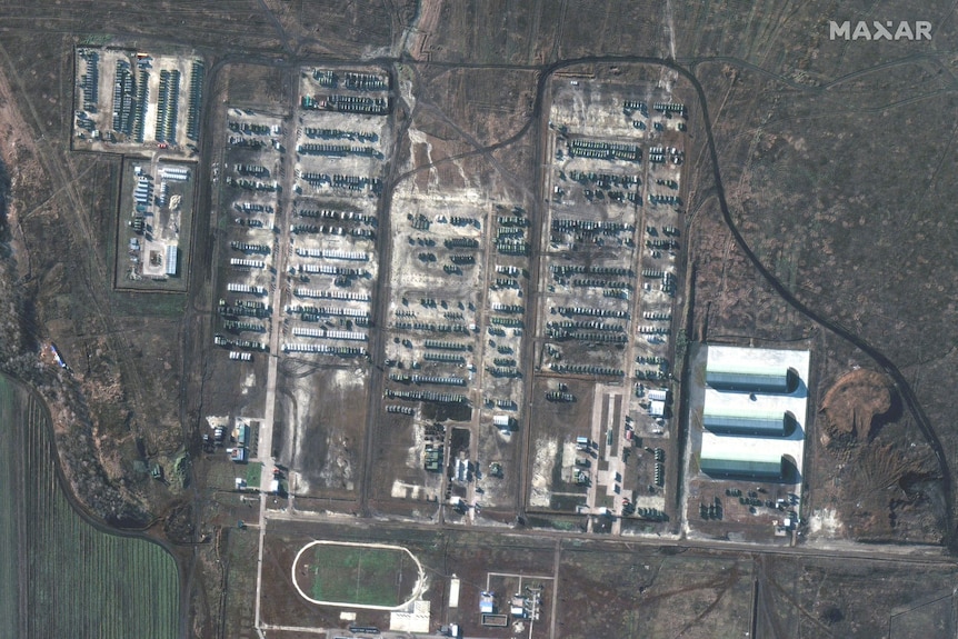 An aerial satellite image shows Russian forces in Soloti, Russia on December 5, 2021.
