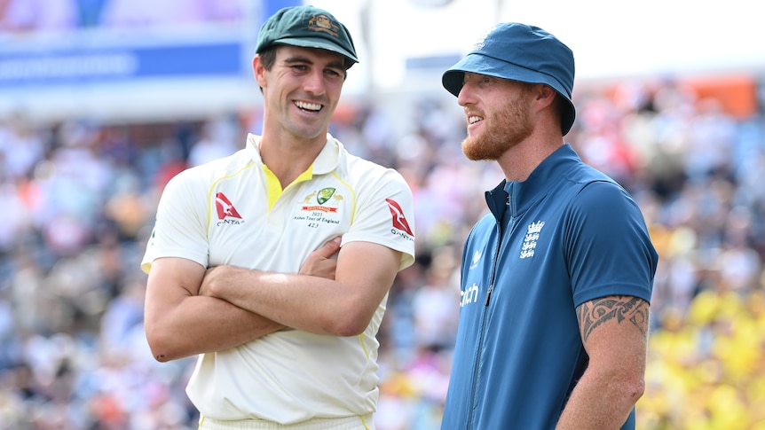 Pat Cummins and Ben Stokes chat after the third men's Ashes Test.