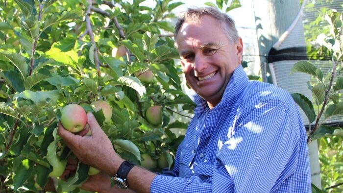 Batlow apple grower Barney Hyams smiling while picking an apple in an orchard.