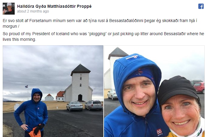 Facebook post showing Iceland's President plogging