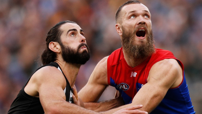 Brodie Grundy and Max Gawn hold on to each others arms and look up