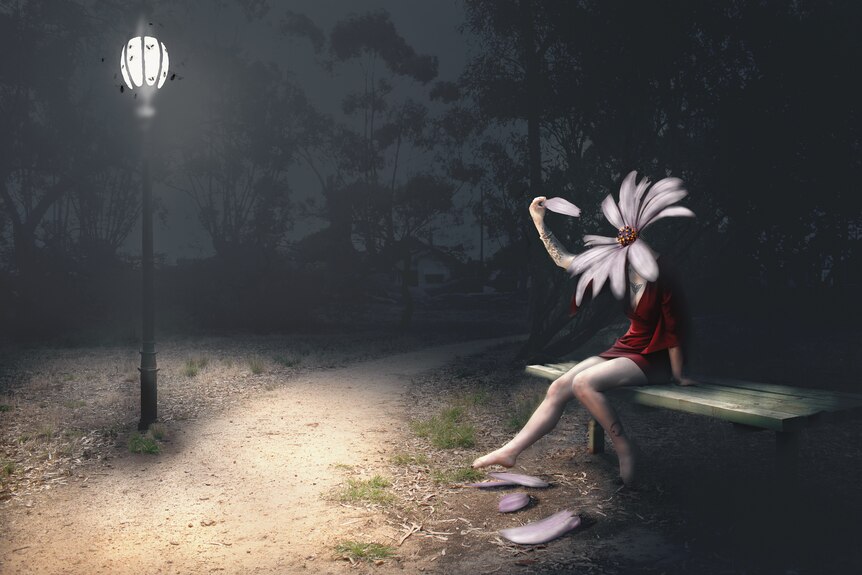 A stylised artwork of a woman with flowers for a head picking off petals while sitting on a parkbench at night 