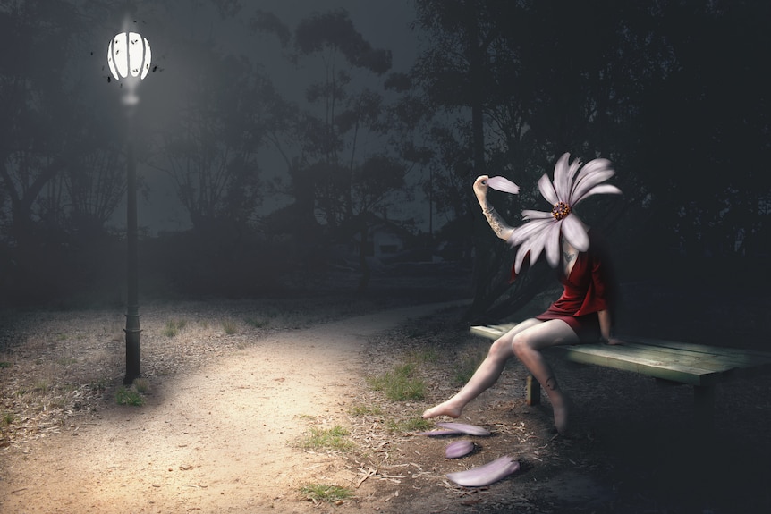 A stylised artwork of a woman with flowers for a head picking off petals while sitting on a parkbench at night 