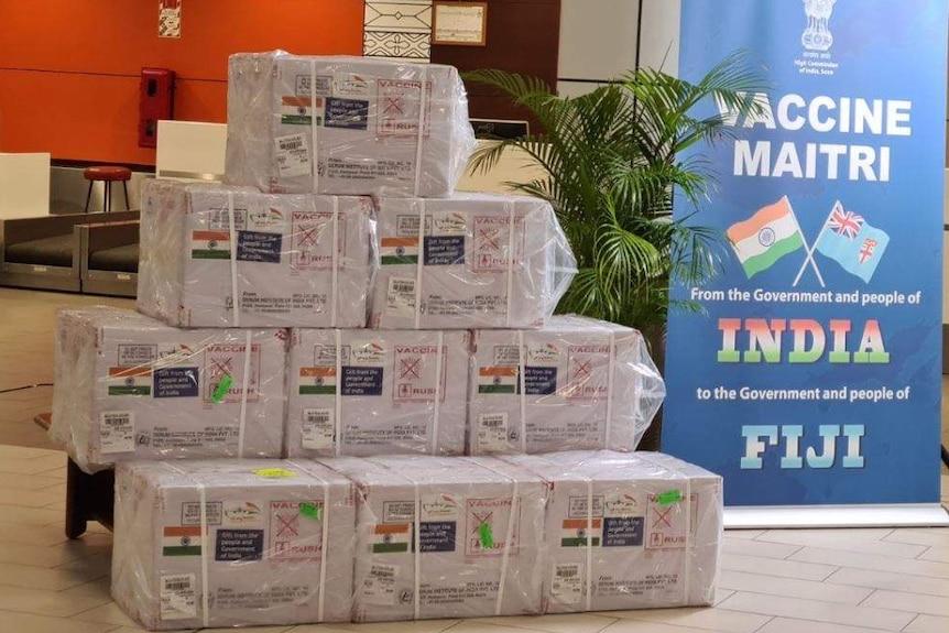 Boxes containing the Indian-produced AstraZeneca COVD-19 vaccine sent to Fiji by the Indian government.