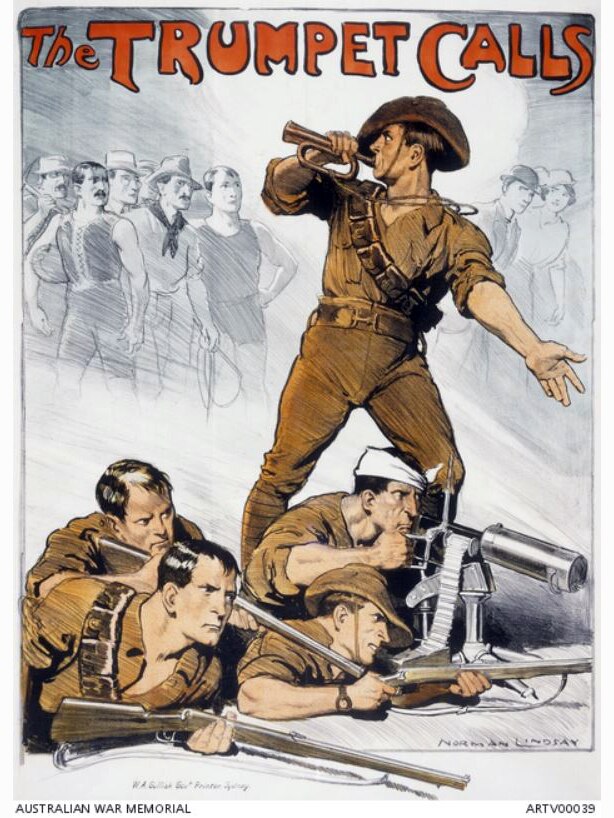 Recruitment poster features cartoon of soldiers, man stands blowing trumpet, text reads 'The trumpet calls'