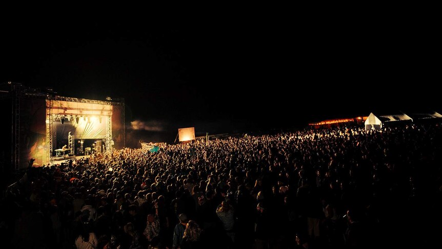 Thousands of people enjoying the 2019 Party in the Paddock festival at White Hills in Tasmania