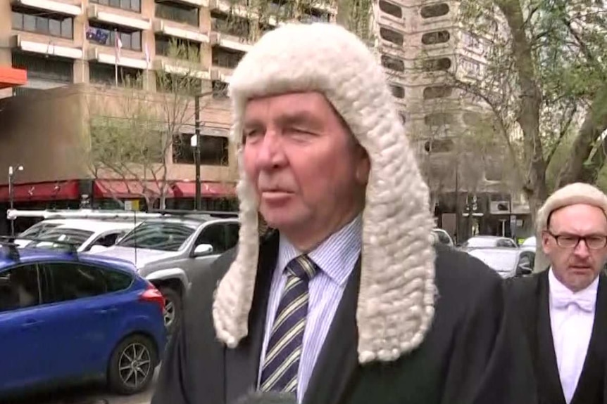 A man wearing a judge's wig and suit in a city street