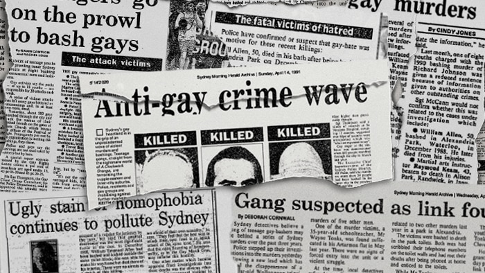 several newspaper clippings with headlines about gay murders