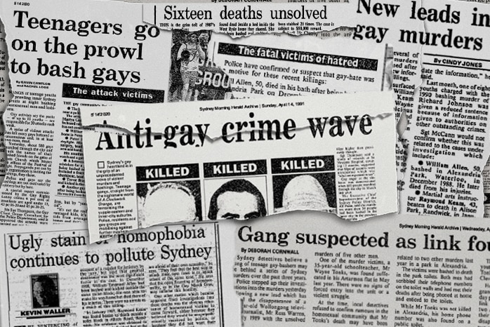 several newspaper clippings with headlines about gay murders