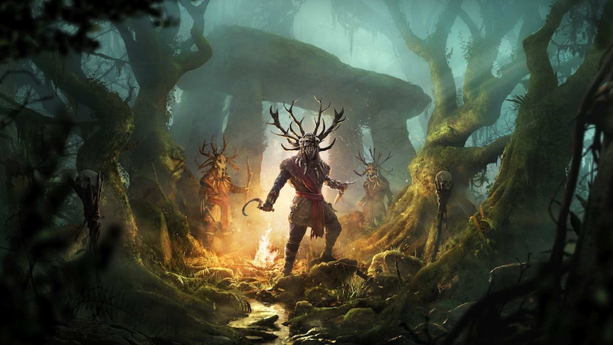 A spooky looking forest bathed in greenish light, with masked druids around a glowing fire.