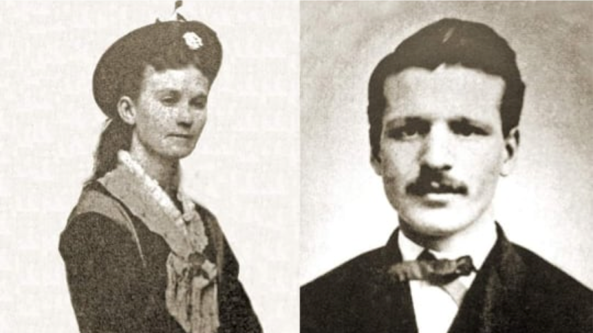 Two black and white photos side-by-side taken in the late 19th century of a man and a woman.