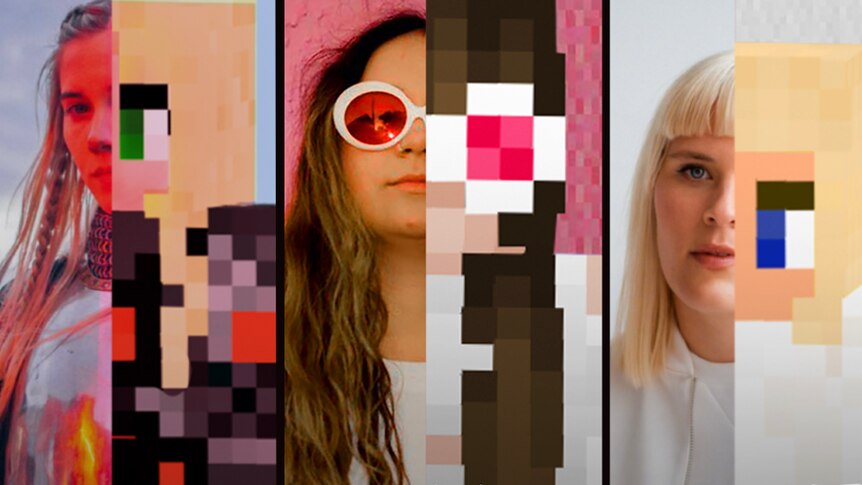 Collage of Woodes, Mallrat and Alice Ivy spliced with Minecraft avatars