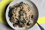 Bowl of creamy vegetarian carbonara with mushrooms, miso and parmesan, one of 14 easy and creative pasta recipes.