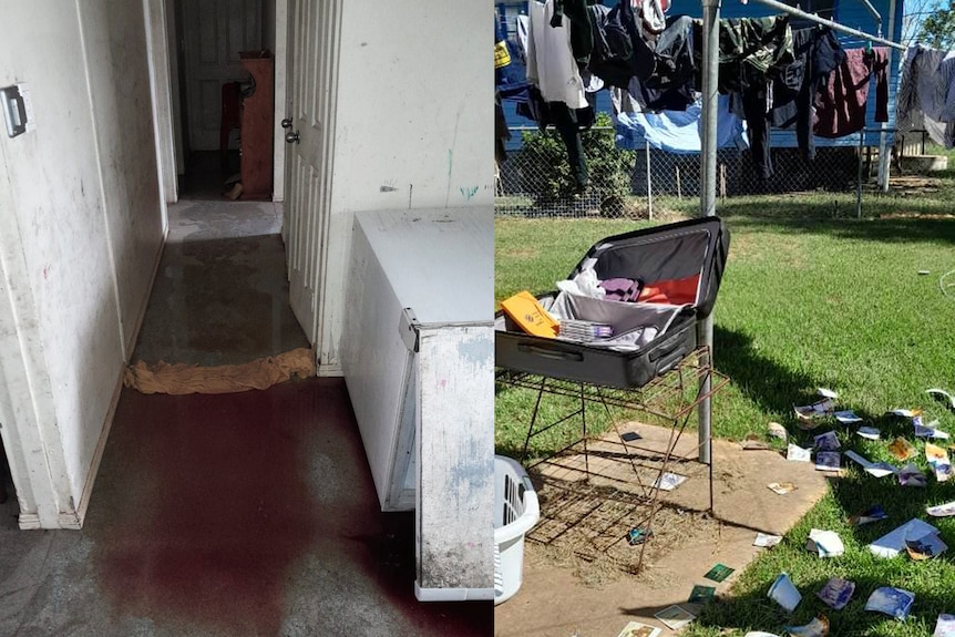 A side by side photo of My Parlow hallway which has mould. The second image is of Mr Parwell's suitcase of clothes and photos 