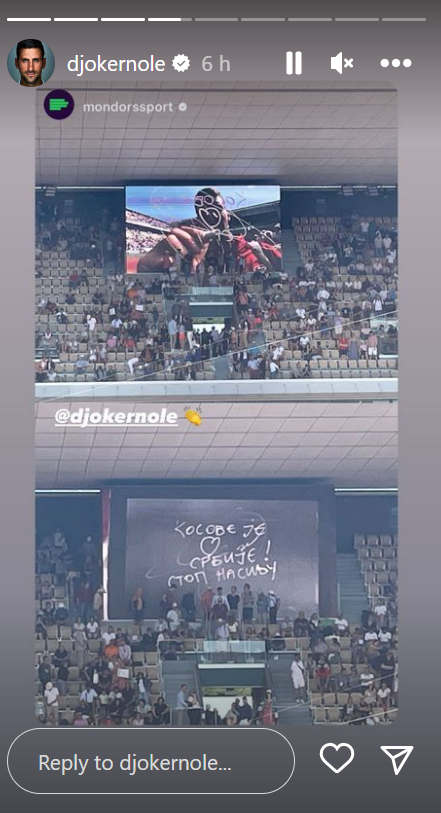 A screenshot of Novak Djokovic's repost of his message saying Kosovo was the heart of Serbia on Instagram