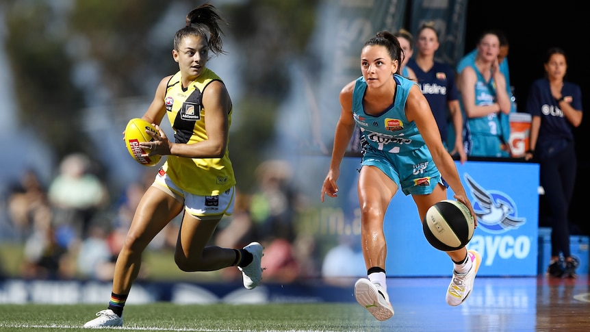 A composite picture of Monique Conti playing Footy and Basketball