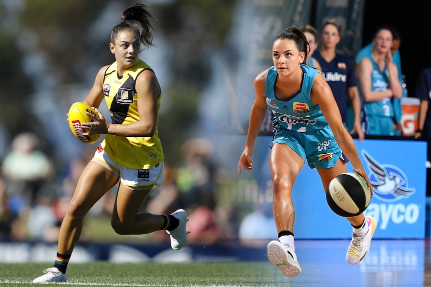 A composite picture of Monique Conti playing Footy and Basketball