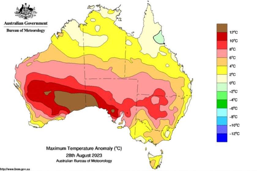 Maximum temperatures anomalies Australia Monday 28th August