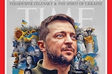 An image of Ukrainian President Zelenskyy on the cover of Time Magazine.