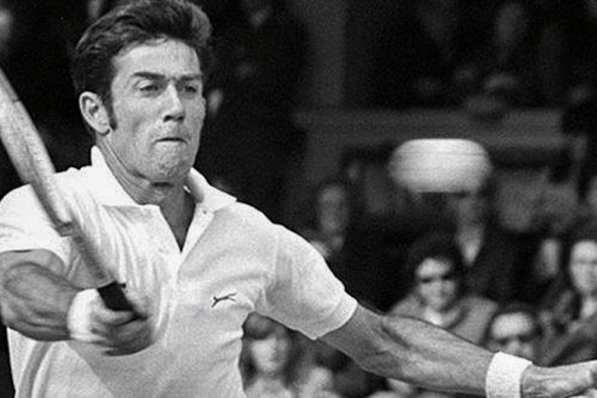 Ken Rosewall playing in the Australian Open in the 1960s with his beloved wooden racquet.