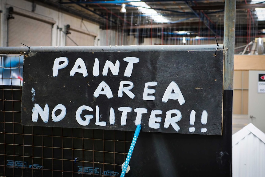 Outside the preparation area for floats at this year's Sydney Mardi Gras.