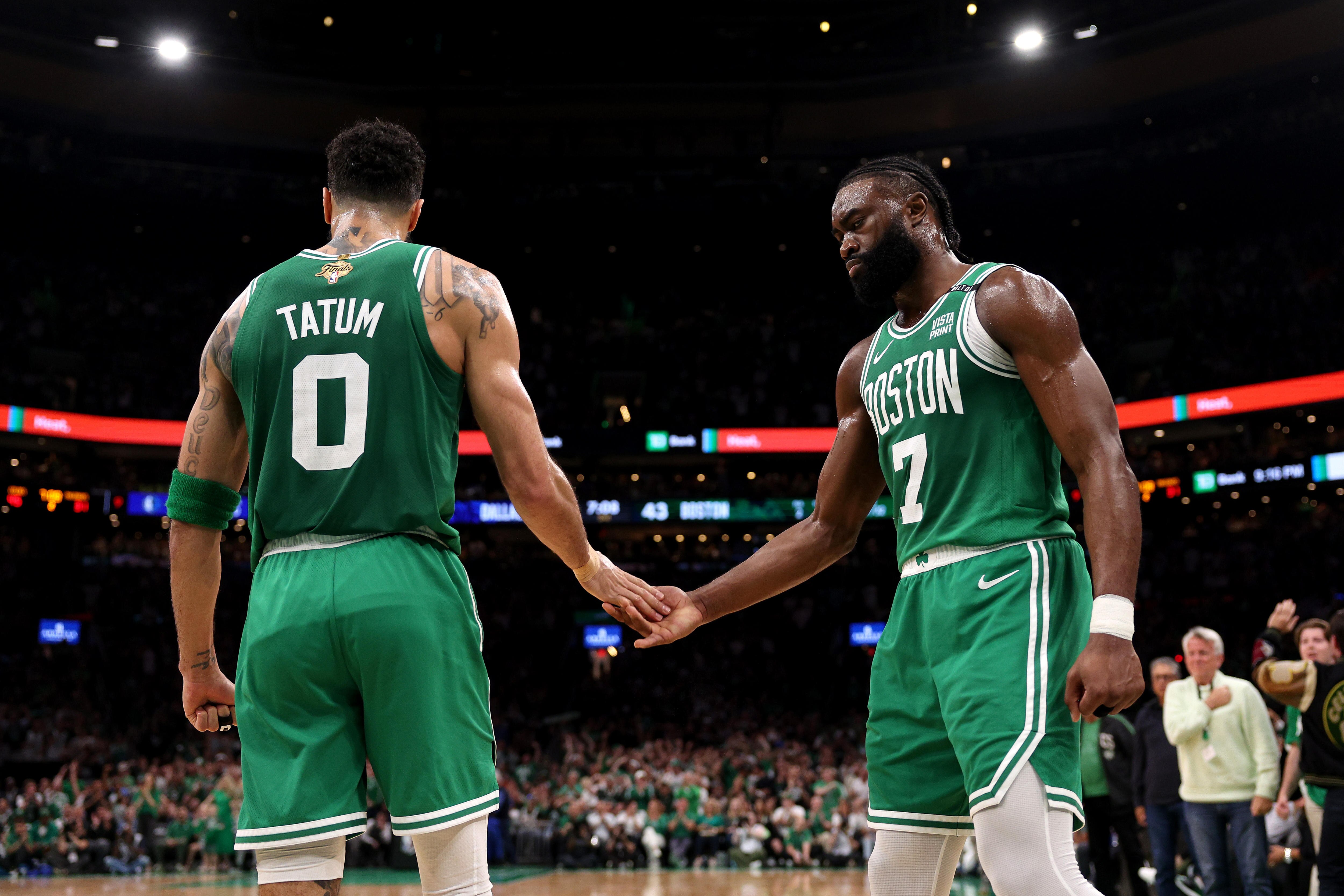 Jaylen Brown and Jayson Tatum share a high five
