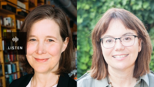 Author headshots: on left Ann Patchett smiling no teeth, on right Tracy Sorensen smiling with teeth. Has Audio.