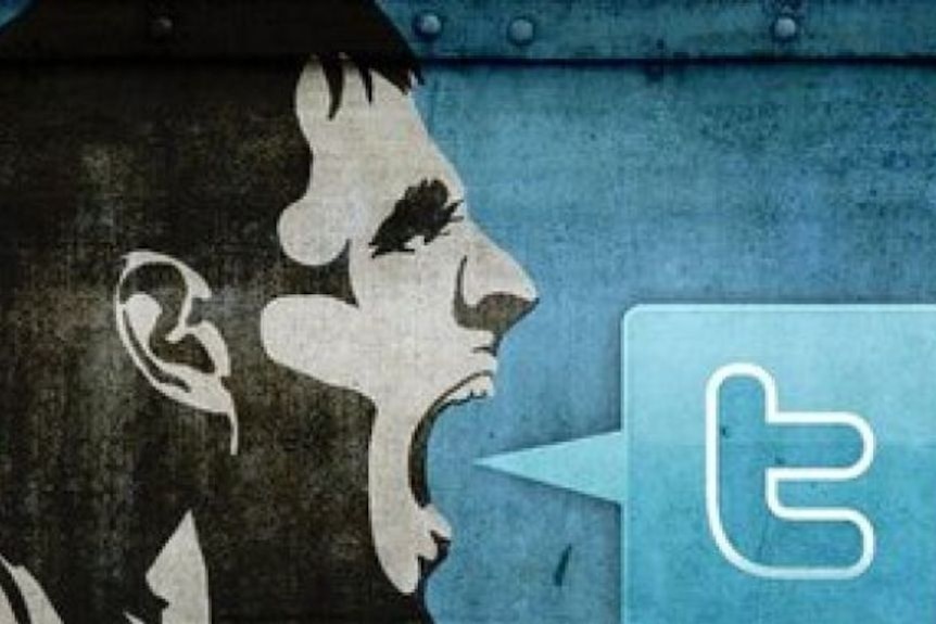 A graphic of a man with a Twitter speech bubble.