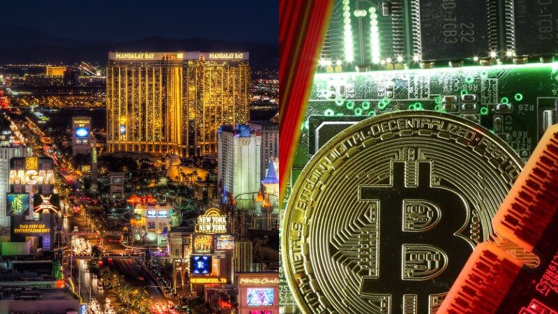 A composite image of Las Vegas brightly lit at night and a Bitcoin over a lit computer motherboard.
