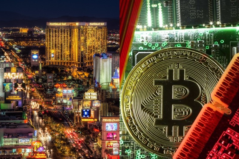 A composite image of Las Vegas brightly lit at night and a Bitcoin over a lit computer motherboard.