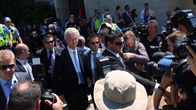 Controversial Dutch MP Geert Wilders leaves a press conference outside WA Parliament launching a new political party. October 21, 2015.