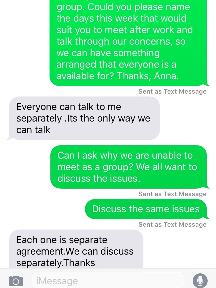 Text messages between Anna Langford and her employer at Barry cafe about meeting to discuss pay agreements.
