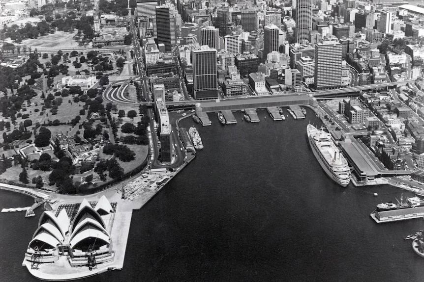 Black and white photomontage of proposed parking station at Circular Quay