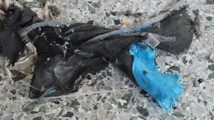 Remnants of blue backpack that may have been carried by the Manchester bomber.