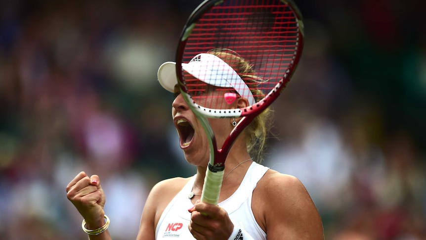 Angelique Kerber yells after beating Maria Sharapova at Wimbledon