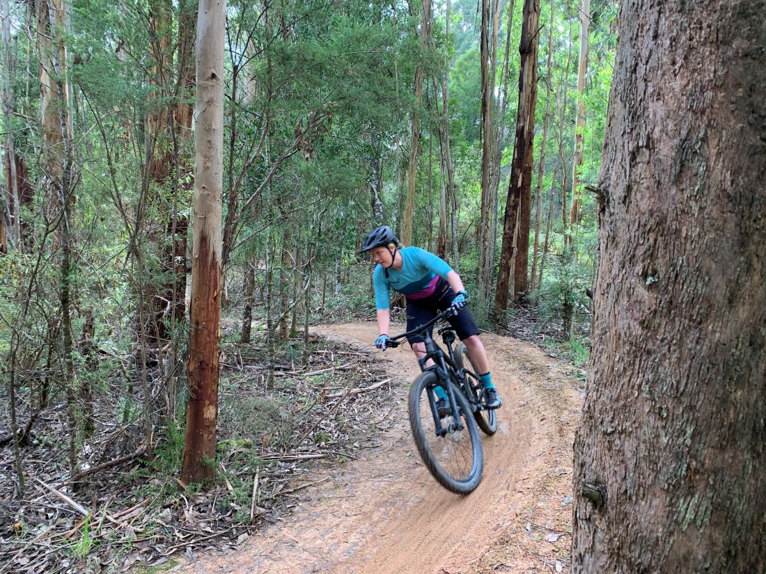 A woman rides a bike along a gravel track through a forest.