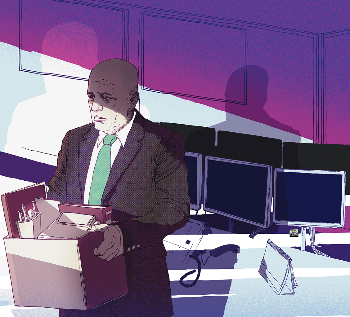 An illustration of a banker leaving his desk with a box in his hands, he has been fired.