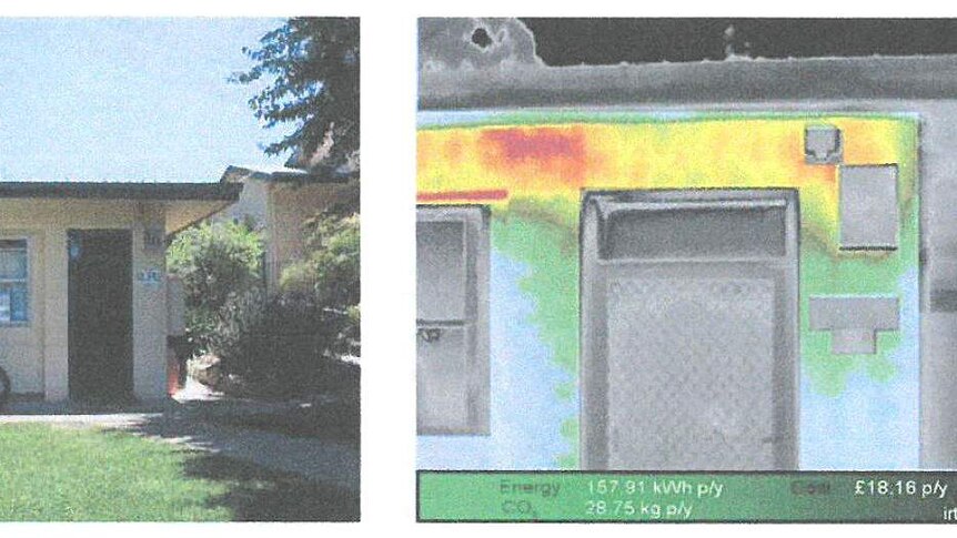 Infrared technology used to show heat loss from a wall