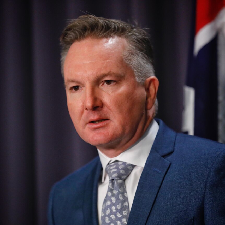 Chris Bowen in a navy suit and tie in  front of the australian flag at a press conference