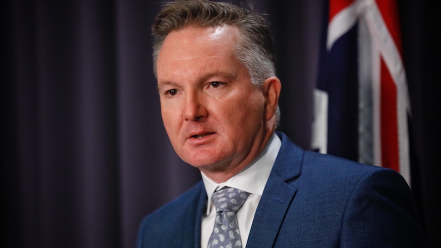 Chris Bowen in a navy suit and tie in  front of the australian flag at a press conference