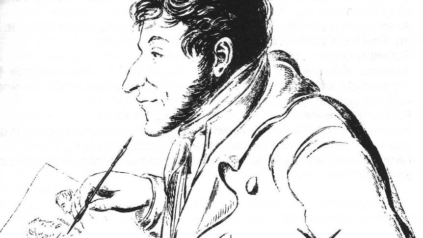 Line drawing of a man producing a caricature