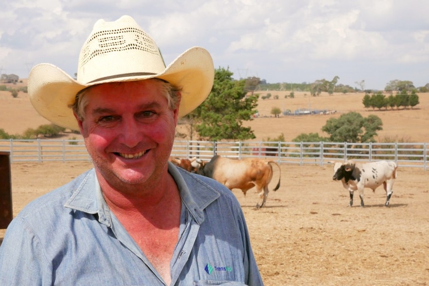George Hempenstall smiling at the camera with his cattle in the background.