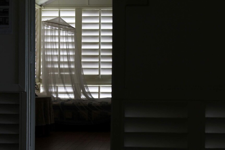 A dimly lit interior shot of Burnett House, some louvers and a mosquito net.