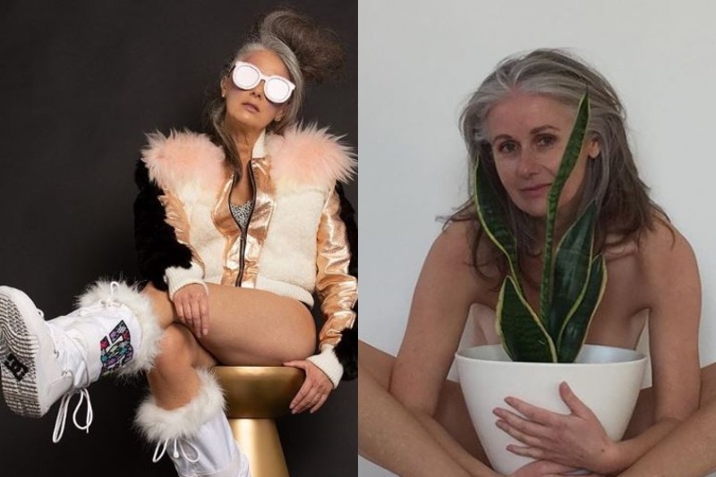 In one image, Lou Forbes wears Bowie-inspired glasses, jacket and boots. In the other, she is naked and holding a pot plant.