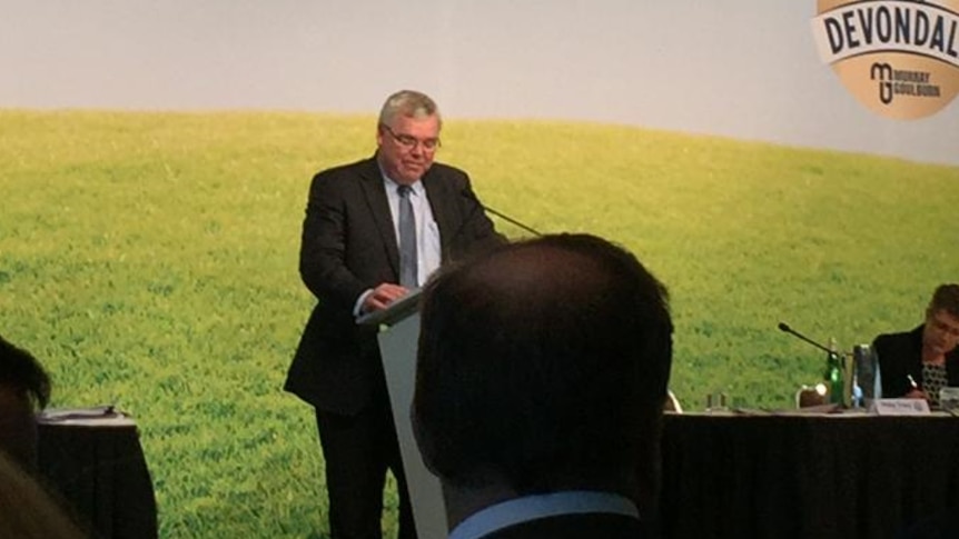 Chairman of Murray Goulburn delivers the opening speech at an extraordinary general meeting in Melbourne.