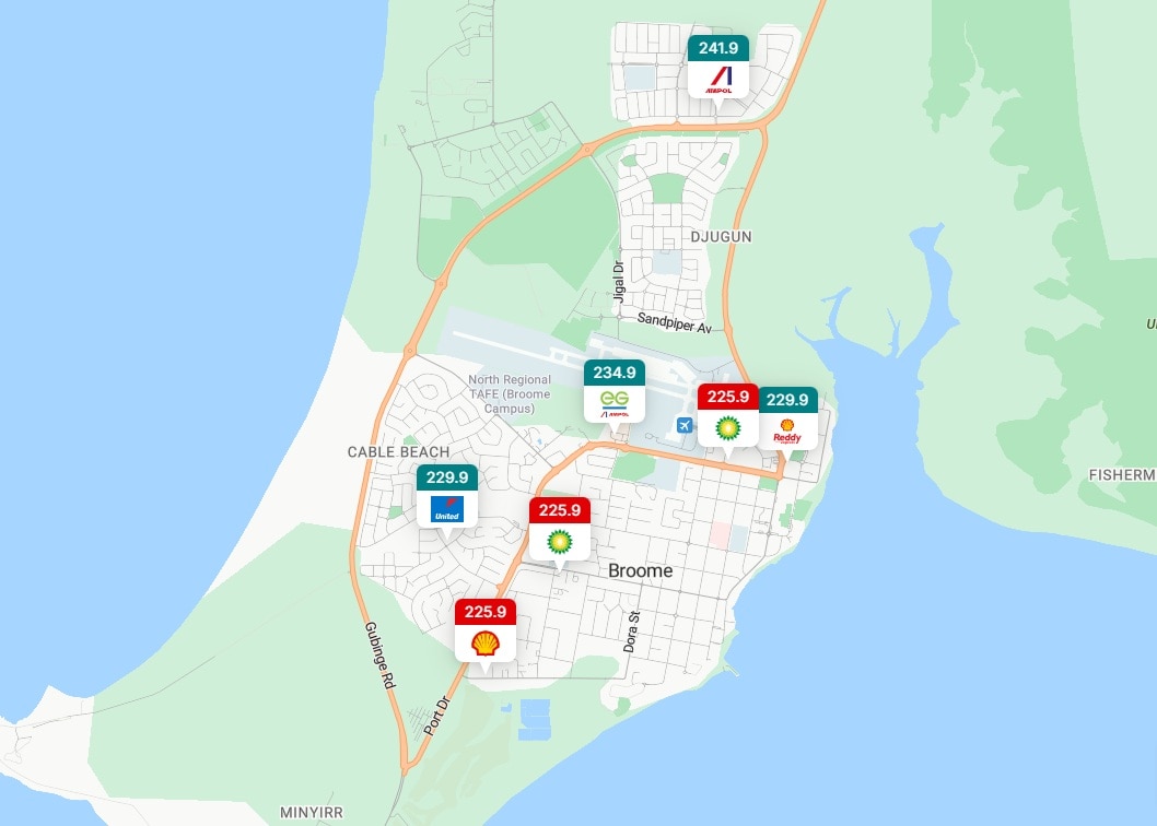 A map showing petrol prices in Broome