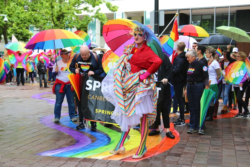 People dressed in bright rainbow colours stand on a rainbow mural in Canberra.