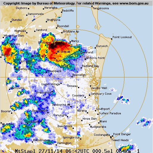 Radar photo shows storms over Brisbane