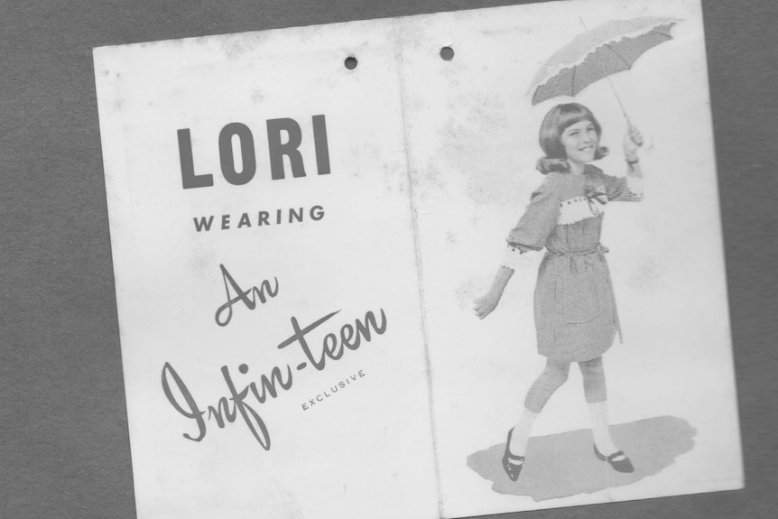 A swing tag for the children's clothing label featuring an image of Lori Balmer who represented the brand